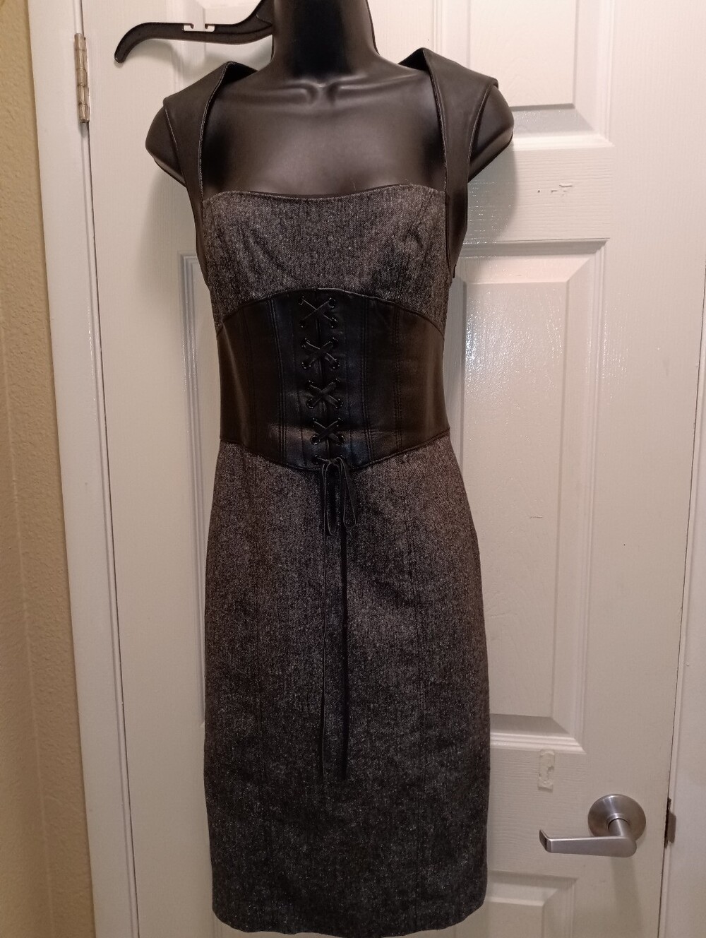 Vintage Bebe Faux Leather Corset-Waist Tweed Sheath Dress - Black/Grey